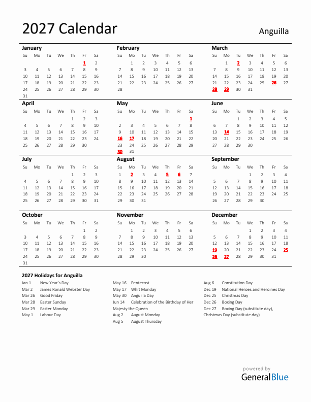 Standard Holiday Calendar for 2027 with Anguilla Holidays 