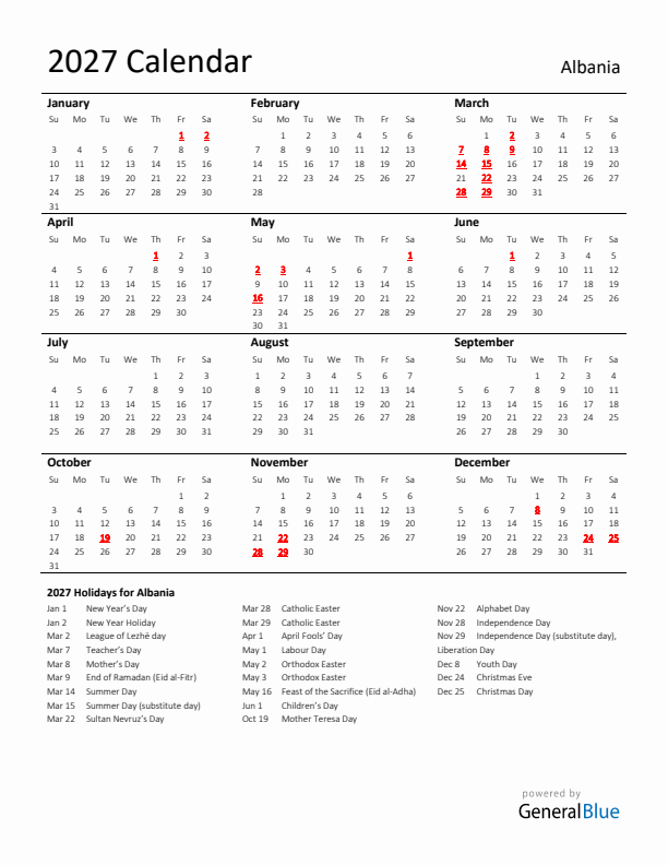 Standard Holiday Calendar for 2027 with Albania Holidays 