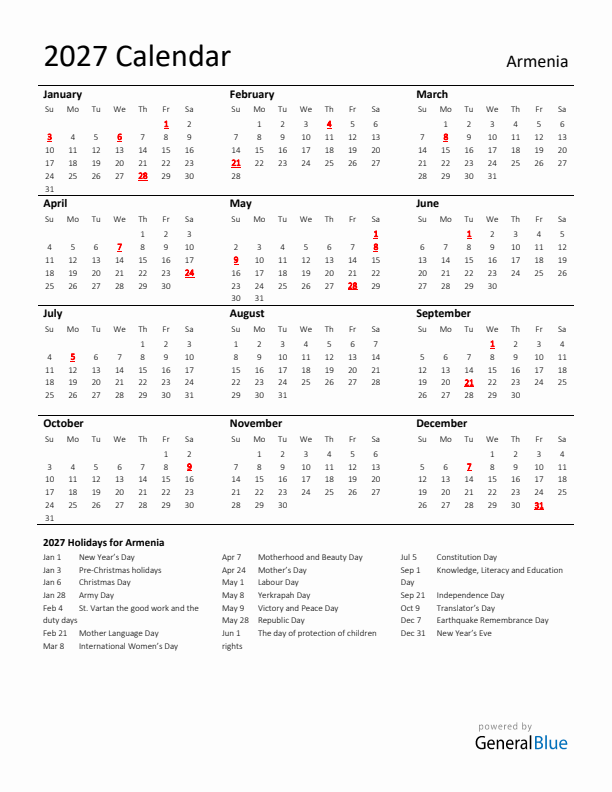 Standard Holiday Calendar for 2027 with Armenia Holidays 