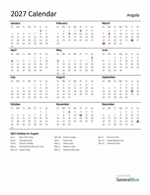 Standard Holiday Calendar for 2027 with Angola Holidays 