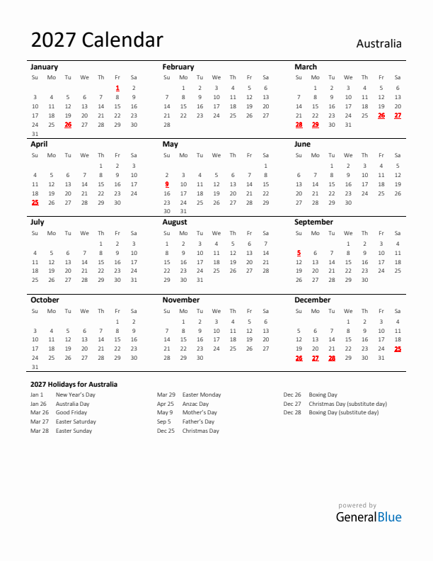 Standard Holiday Calendar for 2027 with Australia Holidays 