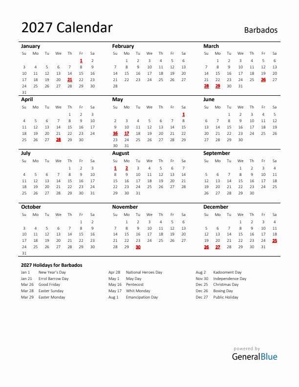 Standard Holiday Calendar for 2027 with Barbados Holidays 
