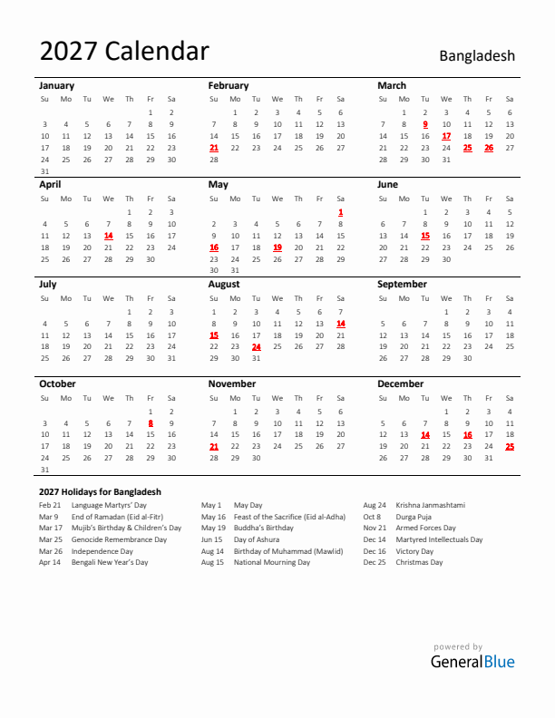 Standard Holiday Calendar for 2027 with Bangladesh Holidays 