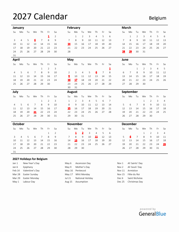 Standard Holiday Calendar for 2027 with Belgium Holidays 
