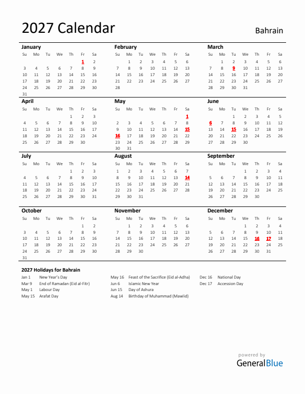 Standard Holiday Calendar for 2027 with Bahrain Holidays 