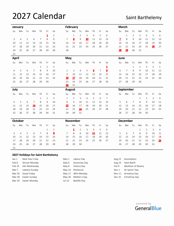 Standard Holiday Calendar for 2027 with Saint Barthelemy Holidays 