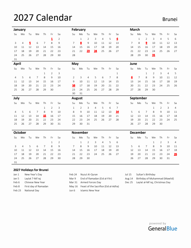 Standard Holiday Calendar for 2027 with Brunei Holidays 