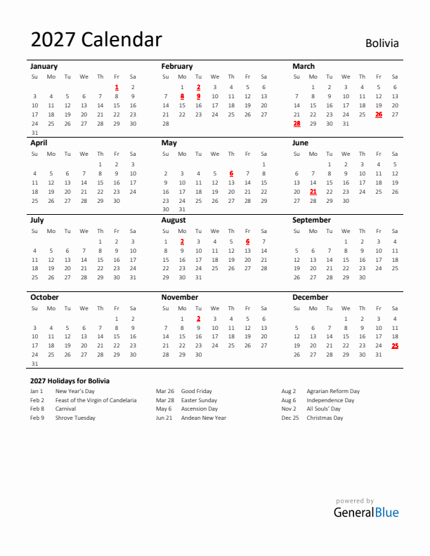 Standard Holiday Calendar for 2027 with Bolivia Holidays 