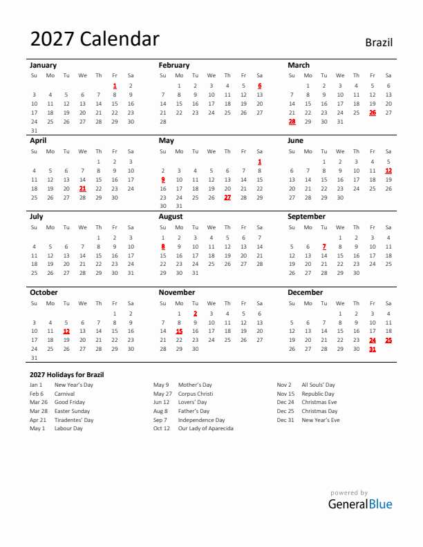 Standard Holiday Calendar for 2027 with Brazil Holidays 