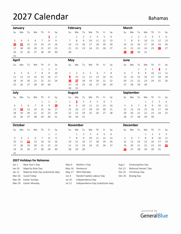 Standard Holiday Calendar for 2027 with Bahamas Holidays 