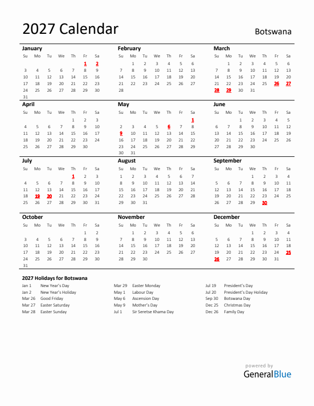 Standard Holiday Calendar for 2027 with Botswana Holidays 