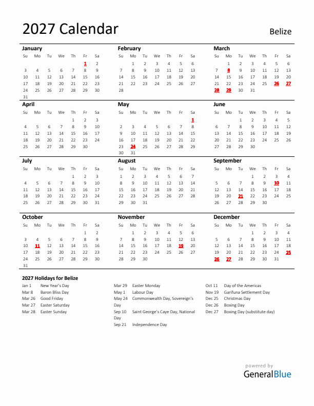 Standard Holiday Calendar for 2027 with Belize Holidays 