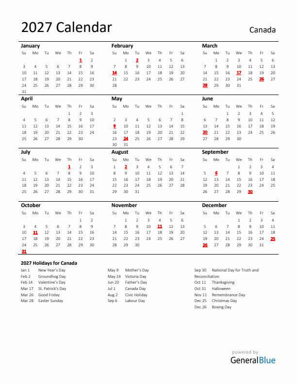 Standard Holiday Calendar for 2027 with Canada Holidays 