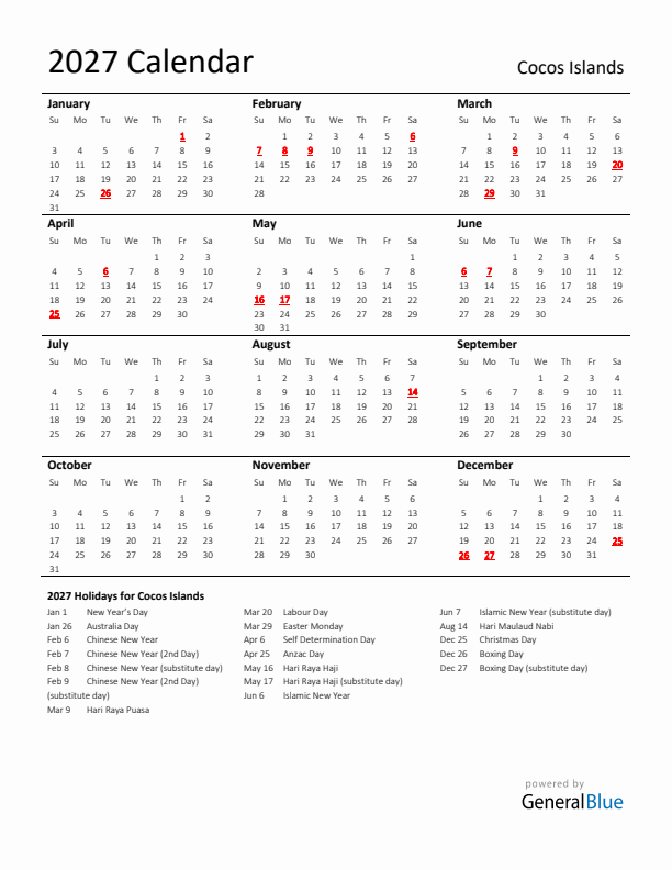 Standard Holiday Calendar for 2027 with Cocos Islands Holidays 