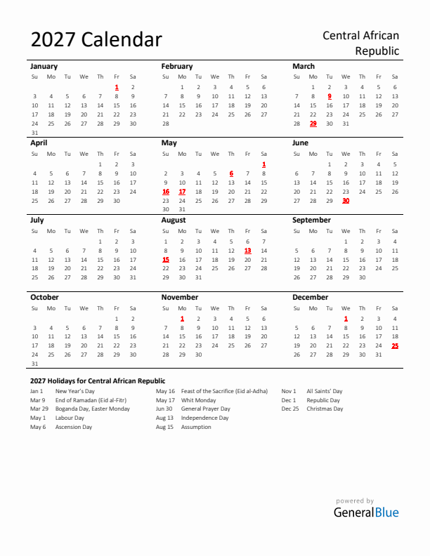 Standard Holiday Calendar for 2027 with Central African Republic Holidays 