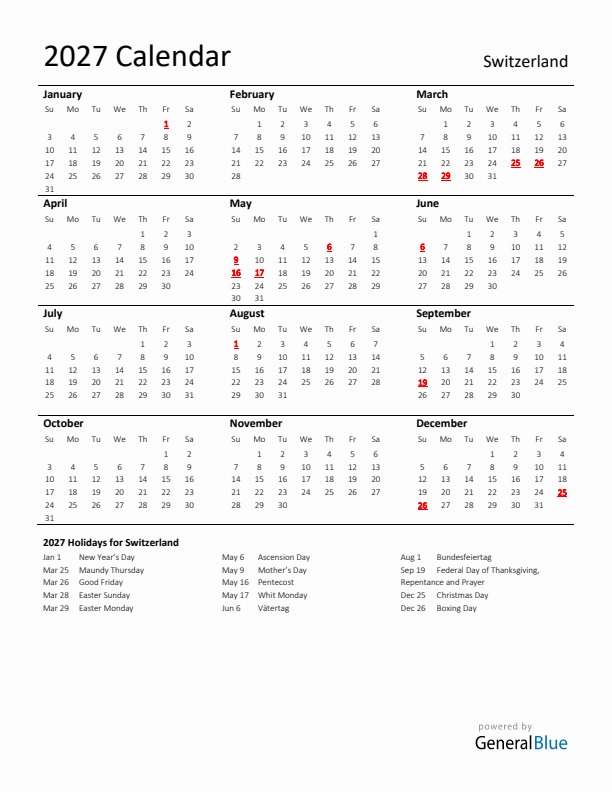 Standard Holiday Calendar for 2027 with Switzerland Holidays 