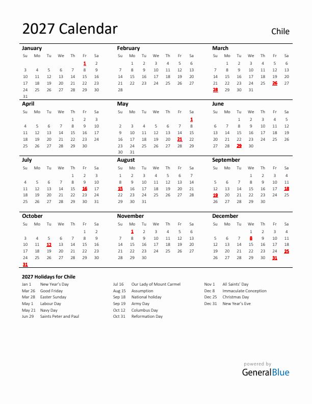 Standard Holiday Calendar for 2027 with Chile Holidays 