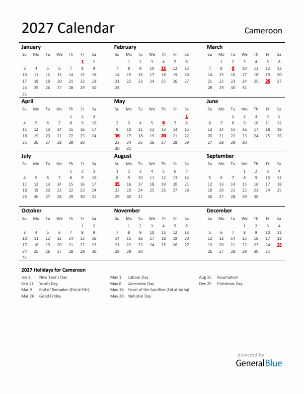 Standard Holiday Calendar for 2027 with Cameroon Holidays 