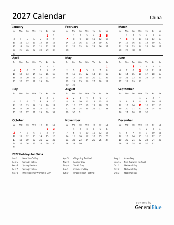 Standard Holiday Calendar for 2027 with China Holidays 