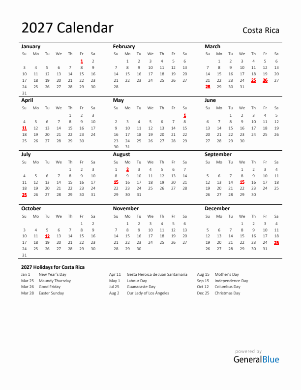 Standard Holiday Calendar for 2027 with Costa Rica Holidays 