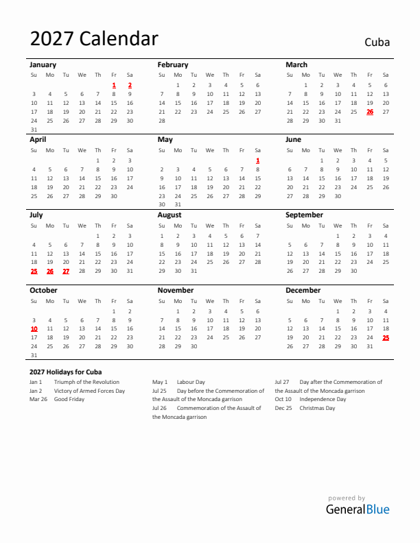 Standard Holiday Calendar for 2027 with Cuba Holidays 