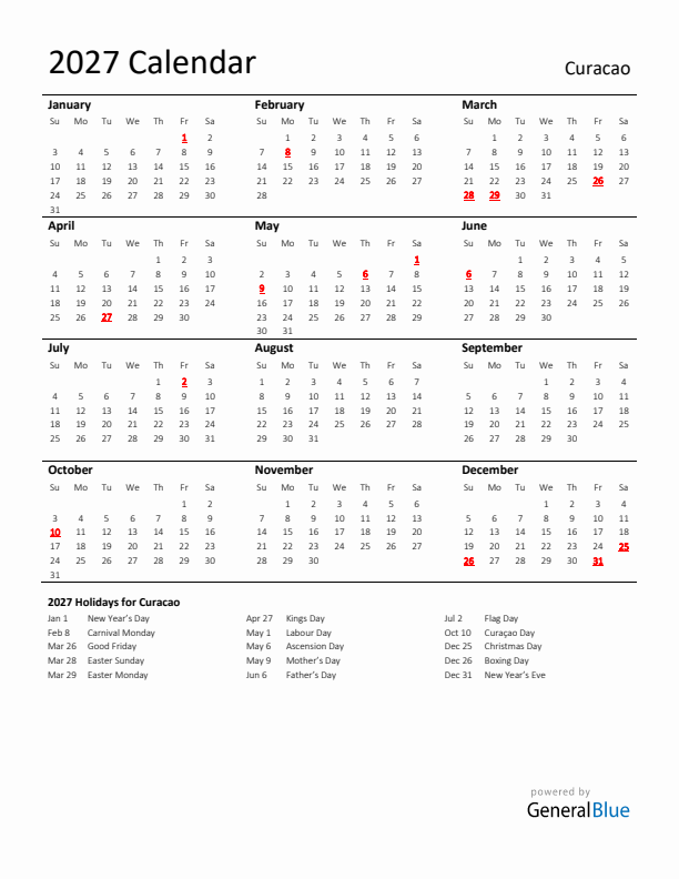 Standard Holiday Calendar for 2027 with Curacao Holidays 