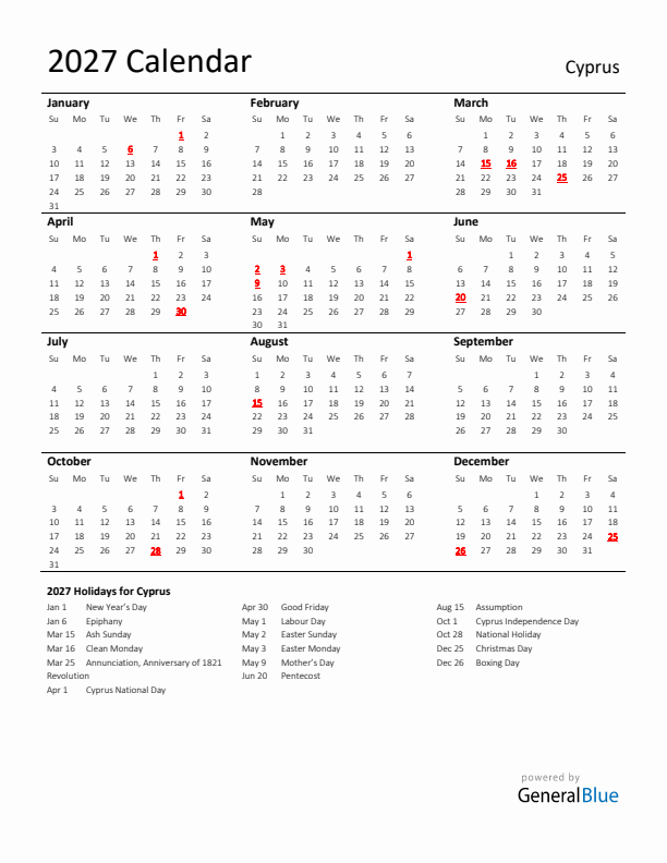 Standard Holiday Calendar for 2027 with Cyprus Holidays 