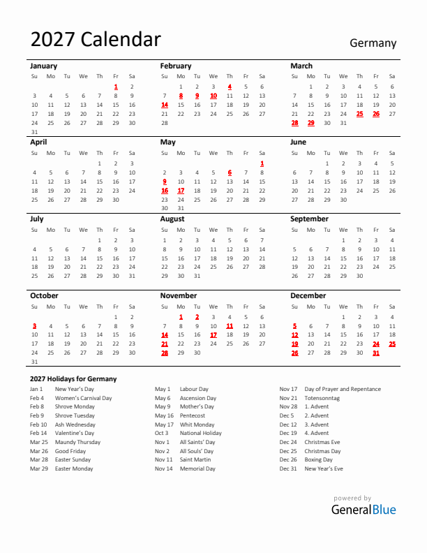 Standard Holiday Calendar for 2027 with Germany Holidays 