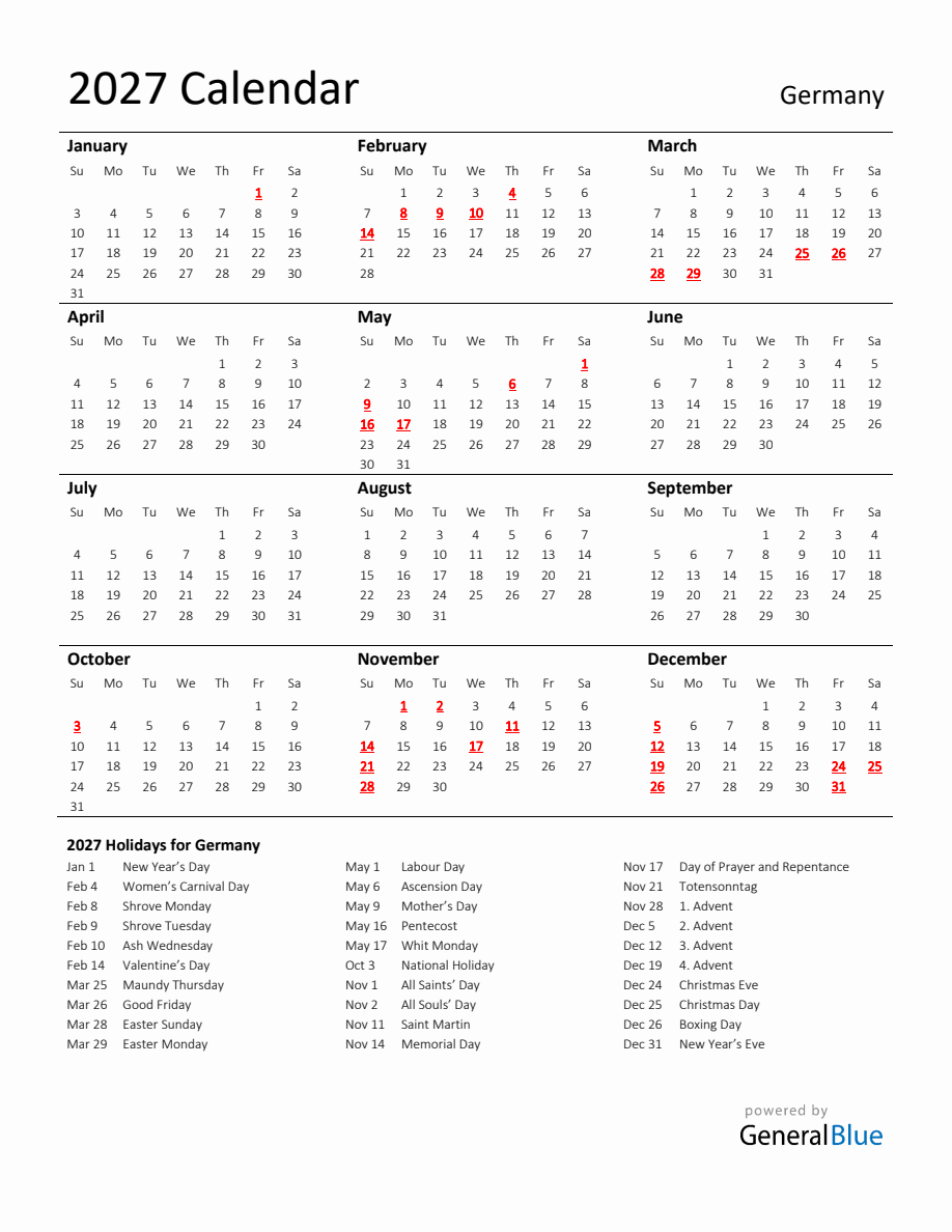 Standard Holiday Calendar for 2027 with Germany Holidays