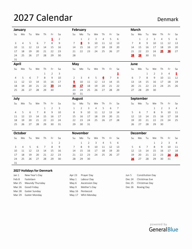 Standard Holiday Calendar for 2027 with Denmark Holidays 