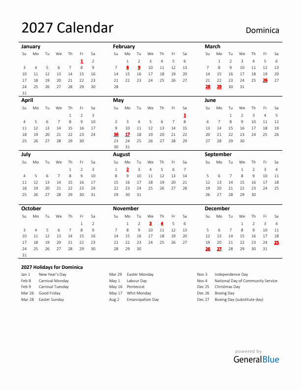 Standard Holiday Calendar for 2027 with Dominica Holidays 