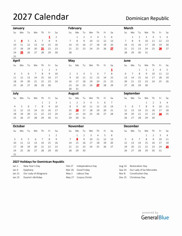Standard Holiday Calendar for 2027 with Dominican Republic Holidays 