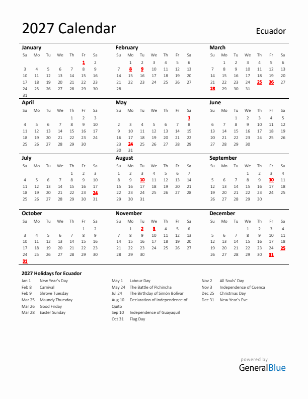 Standard Holiday Calendar for 2027 with Ecuador Holidays 