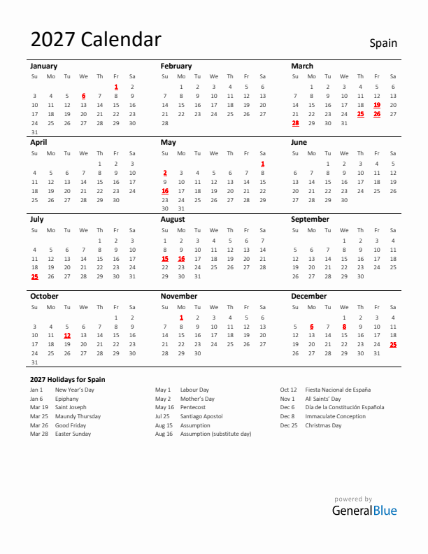 Standard Holiday Calendar for 2027 with Spain Holidays 