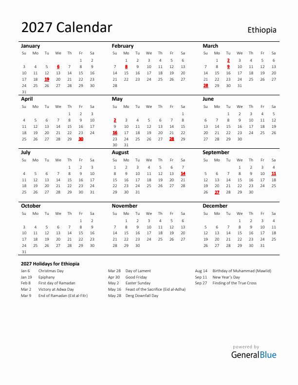 Standard Holiday Calendar for 2027 with Ethiopia Holidays 