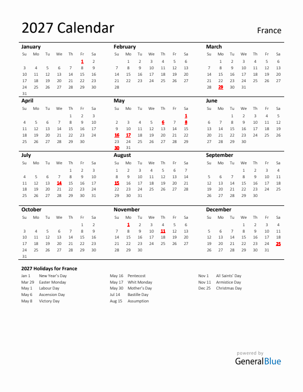 Standard Holiday Calendar for 2027 with France Holidays 