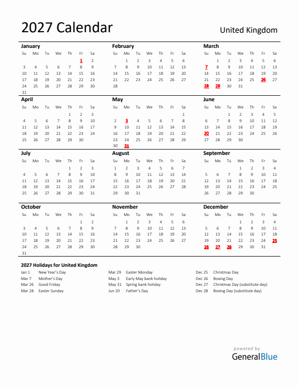 Standard Holiday Calendar for 2027 with United Kingdom Holidays 