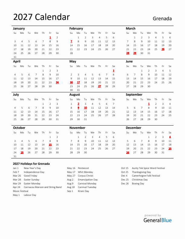 Standard Holiday Calendar for 2027 with Grenada Holidays 