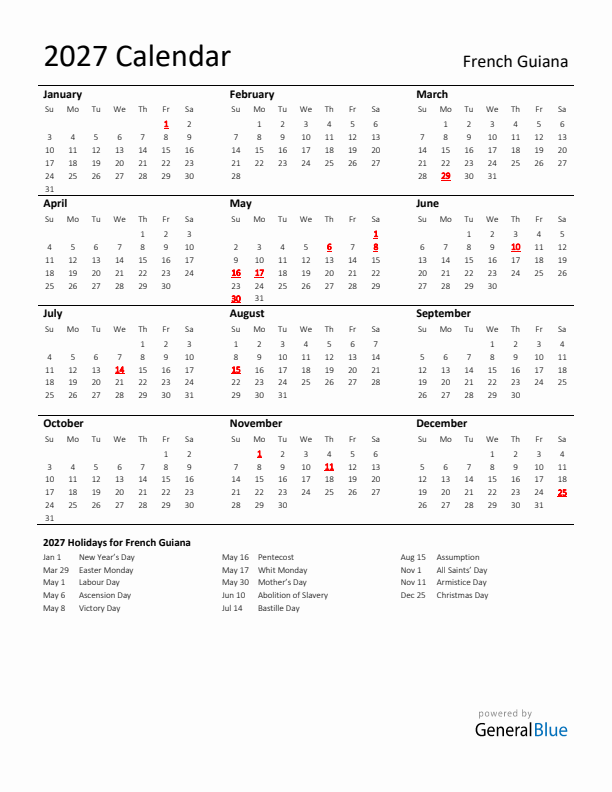 Standard Holiday Calendar for 2027 with French Guiana Holidays 