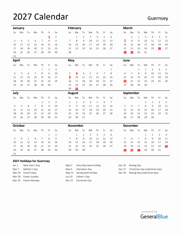 Standard Holiday Calendar for 2027 with Guernsey Holidays 