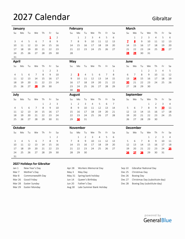 Standard Holiday Calendar for 2027 with Gibraltar Holidays 