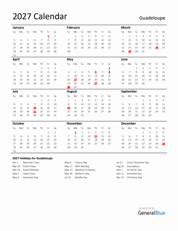 Standard Holiday Calendar for 2027 with Guadeloupe Holidays 