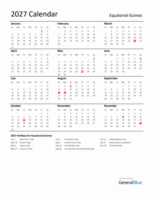 Standard Holiday Calendar for 2027 with Equatorial Guinea Holidays 
