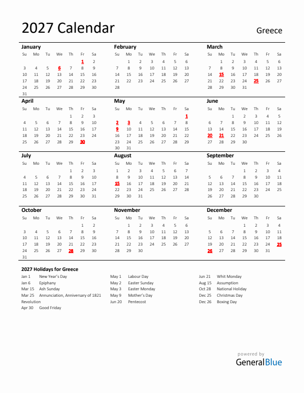 Standard Holiday Calendar for 2027 with Greece Holidays 