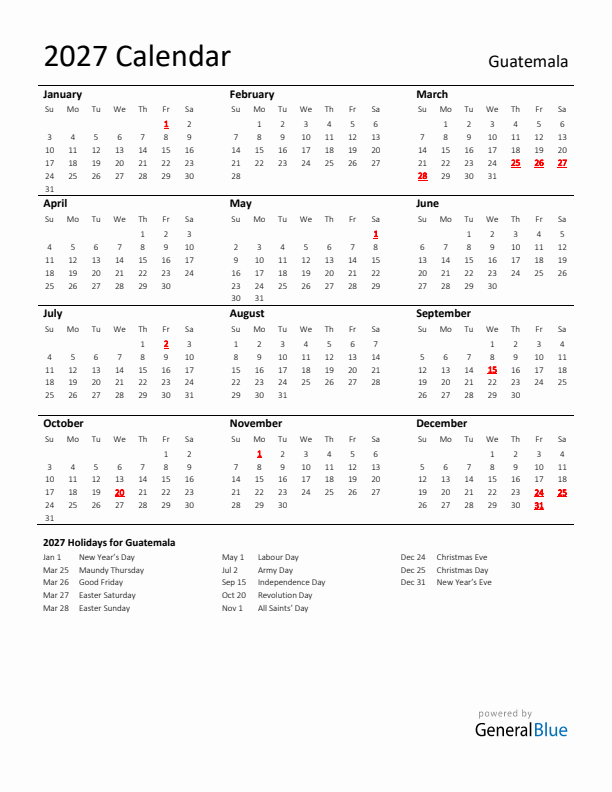 Standard Holiday Calendar for 2027 with Guatemala Holidays 