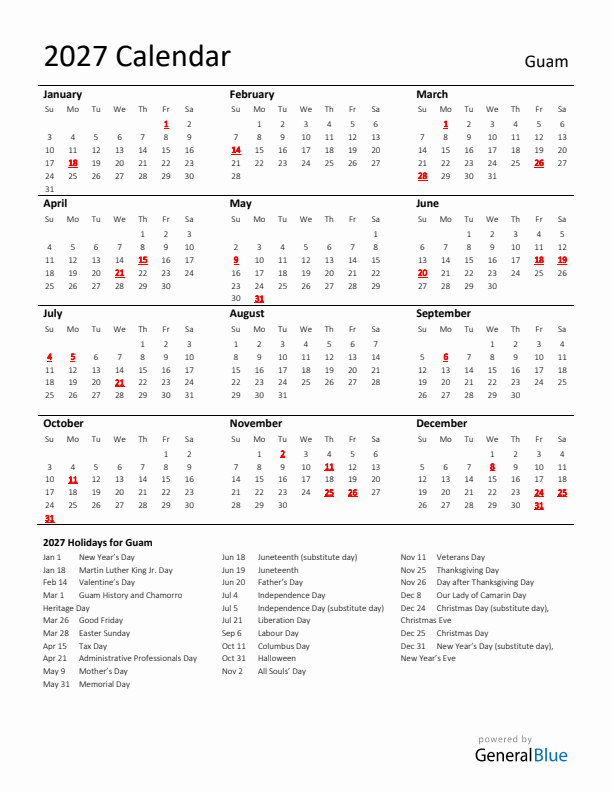 Standard Holiday Calendar for 2027 with Guam Holidays 
