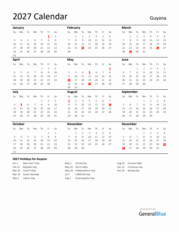 Standard Holiday Calendar for 2027 with Guyana Holidays 