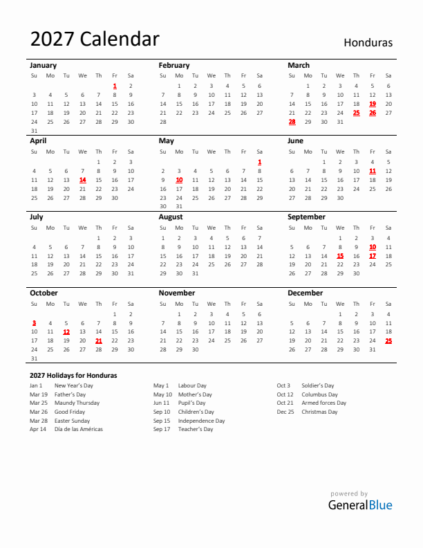 Standard Holiday Calendar for 2027 with Honduras Holidays 
