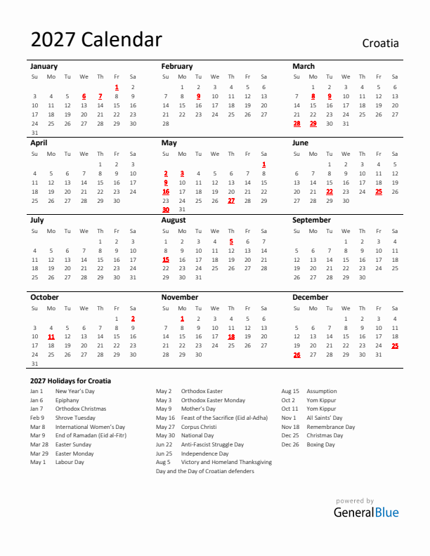Standard Holiday Calendar for 2027 with Croatia Holidays 