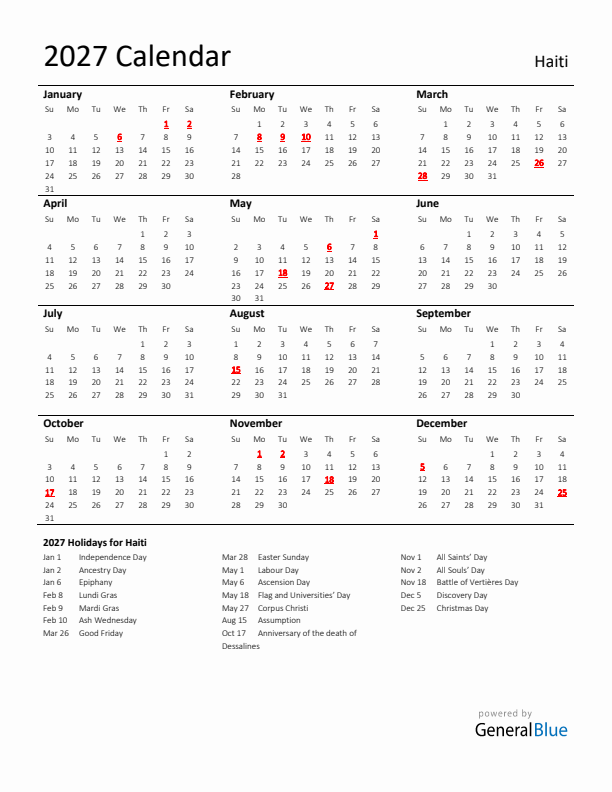 Standard Holiday Calendar for 2027 with Haiti Holidays 
